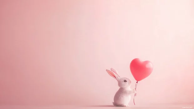 Cute bunny holding a heart shaped balloon in a soft pastel background.