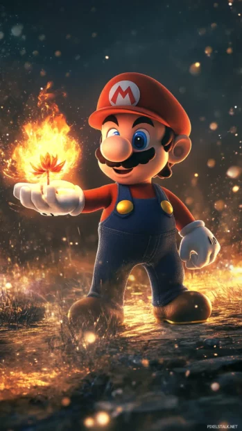 Cute cartoon Mario Wallpaper showing Mario holding a fire flower surrounded by sparkles.