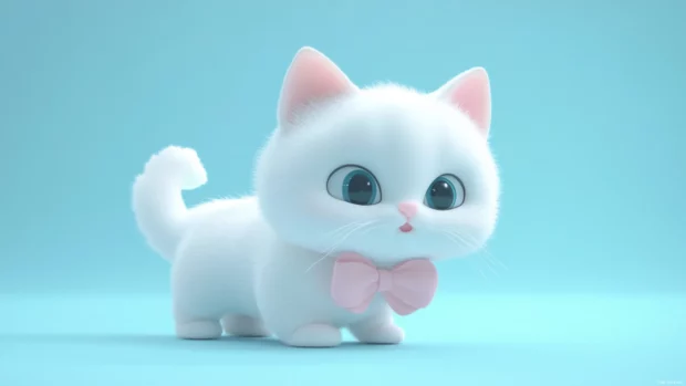 Cute cartoon style cat with a tiny pink bow and a playful pose.