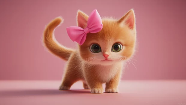 Cute cartoon style cat with a tiny pink bow and a playful pose.