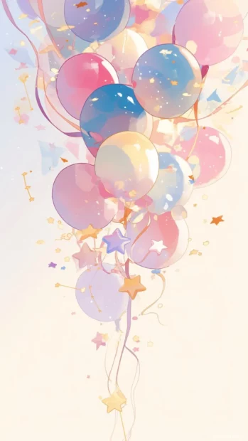 Cute cartoon wallpapers filled with pastel balloons and mini stars.