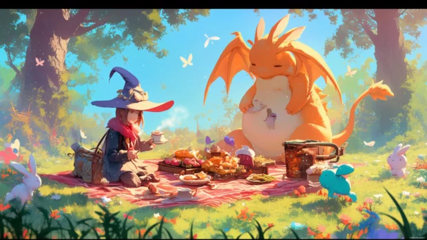Cute cartoon wallpapers for desktop showing magical creatures having a picnic.