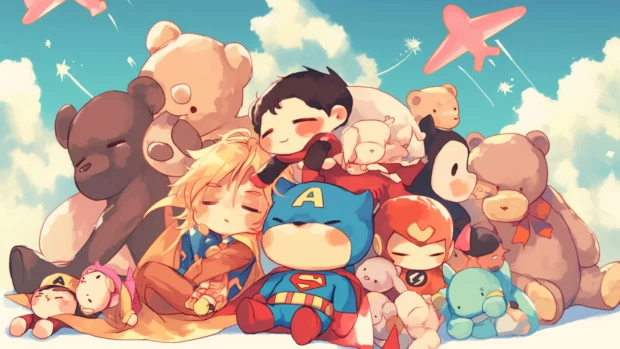 Cute cartoon wallpapers for desktop with chibi superheroes hugging plush toys.