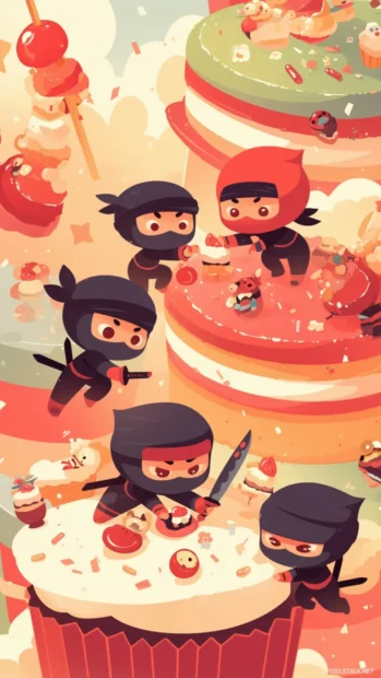 Cute cartoon wallpapers for iPhone featuring tiny ninjas making cupcakes.