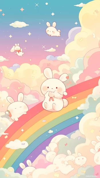 Cute cartoon wallpapers for iPhone showing kawaii animals dancing under pastel rainbows.