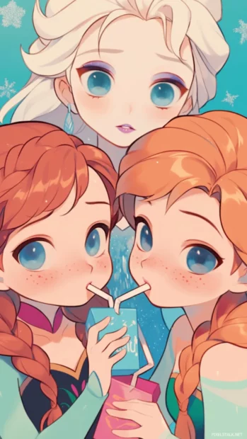 Cute cartoon wallpapers for iPhone with chibi princesses sipping juice boxes.