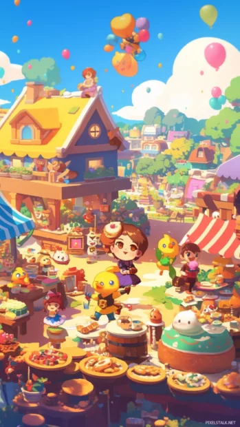 Cute cartoon wallpapers with chibi characters in a candy filled village.