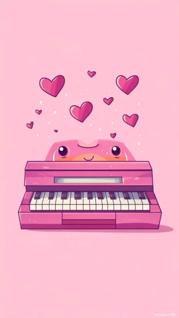 Cute cassette tape smiling with floating hearts, Aesthetic piano illustration wallpaper.