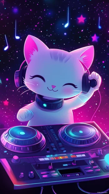 Cute cat DJ playing music under soft neon stars.