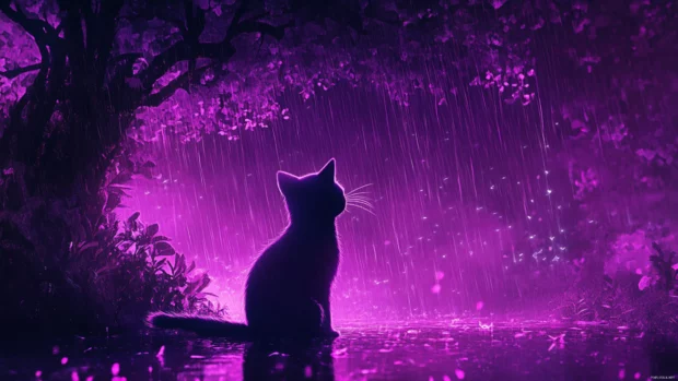 Cute cat silhouette glowing in purple neon rain, Purple neon dreamy landscape.