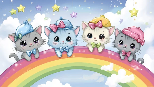 Cute cats in hats and bowties, sitting on rainbow, clouds and stars above.