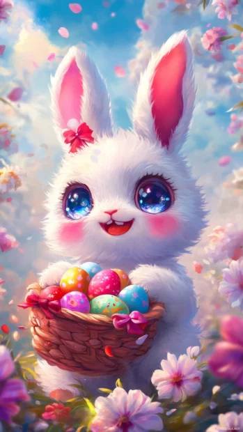 Cute chibi bunny holding a basket of colorful eggs, with flowers blooming around and a cheerful expression.