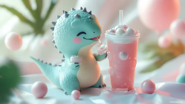 Cute dinosaur drinking bubble tea.