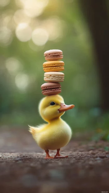 Cute duck balances a stack of macarons while waddling proudly down a path.