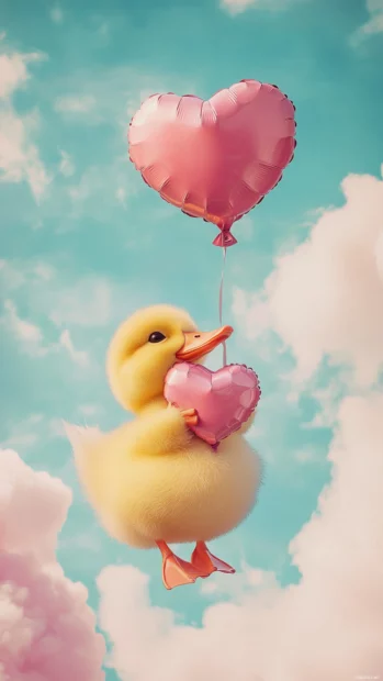 Cute duck hugs a heart shaped balloon while floating against a cotton candy sky.