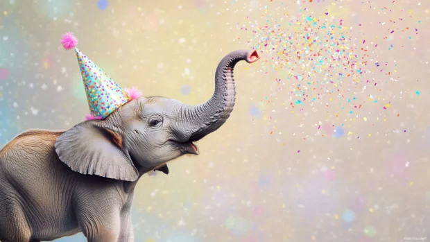 Cute elephant with party hat blowing pastel confetti.