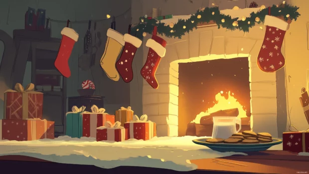 Cute fireplace scene, stockings, presents, cookies, and milk for Santa.
