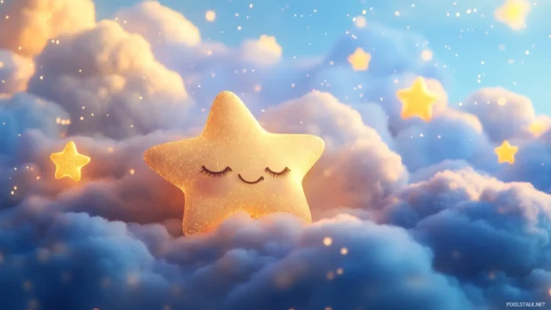 Cute fluffy stars napping on soft clouds, sparkling softly in cute dreamy stars wallpaper hd.