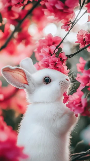 Cute fluffy white bunny peeking from a pink floral arrangement.