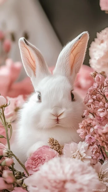 Cute fluffy white bunny peeking from a pink floral arrangement.
