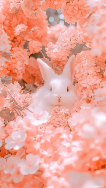 Cute fluffy white bunny peeking from a pink floral arrangement.