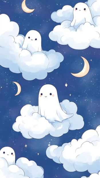 Cute ghost friends play peekaboo behind clouds and crescent moons in soft tiles.