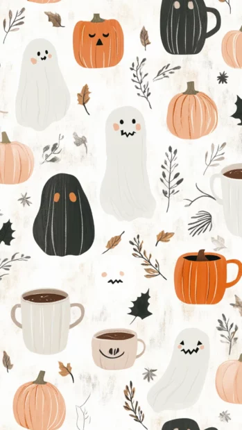 Cute ghost tiles mixed with pastel pumpkins and warm cocoa mugs in a cozy repeat design.