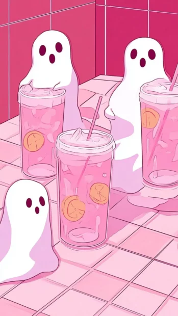 Cute ghosts sipping pink lemonade in a tiled Pink Ghost Wallpapers layout.