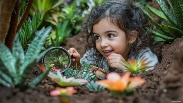 Cute girl with a curious gaze and a magnifying glass, exploring a garden filled with exotic plants and insects.