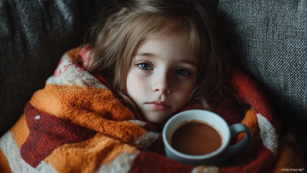 Cute girl with a sleepy expression and a blanket, snuggling up on a couch with a warm cup of cocoa.