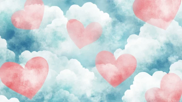 Cute girly wallpaper featuring pastel hearts and dreamy clouds.