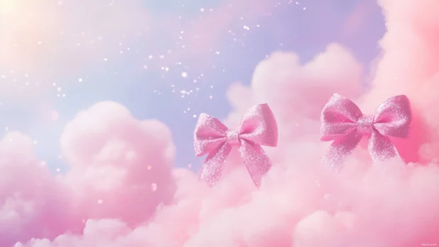 Cute girly wallpaper pink edition with sparkly bows and candy clouds.