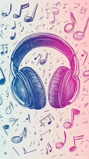 Cute headphone and notes wallpaper, Soft gradient background with floating music doodles.