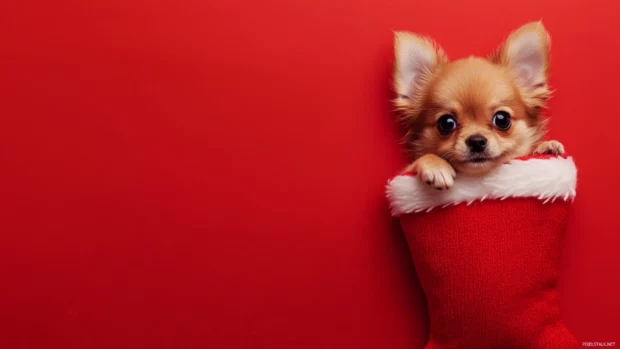 Cute holiday dog background with a small puppy peeking out of a red stocking.