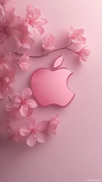 Cute iPhone wallpaper showcasing the pink Apple logo with subtle floral accents.