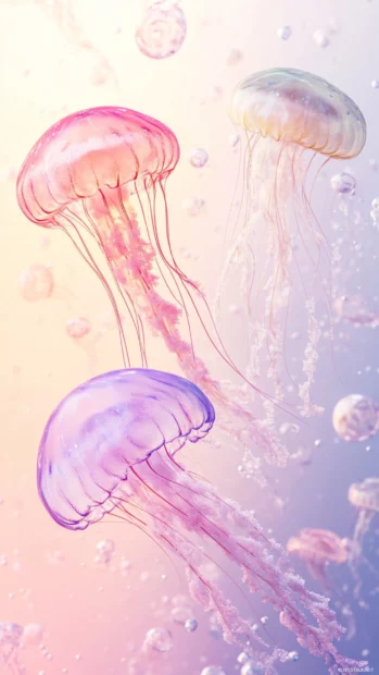 Cute jellyfish floating gracefully in pastel colored waters.