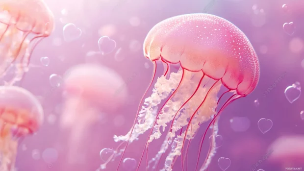 Cute jellyfish with heart bubbles in pink ocean.