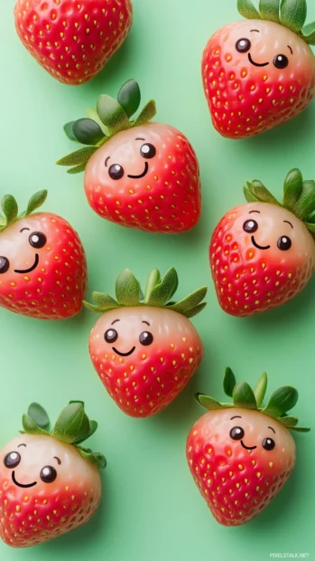 Cute kawaii strawberries with smiles and big eyes on a pastel green background, playful design.