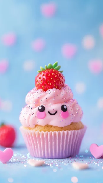 Cute kawaii strawberry cupcake with a smiling face, strawberry topping, hearts, and sparkles on a sky blue background.