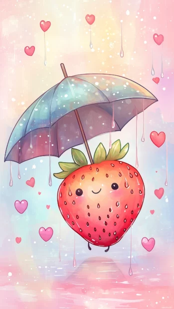 Cute kawaii strawberry holding a mini umbrella, standing in a gentle strawberry rain with tiny pastel raindrops and floating hearts, soft pink and light blue gradient background.