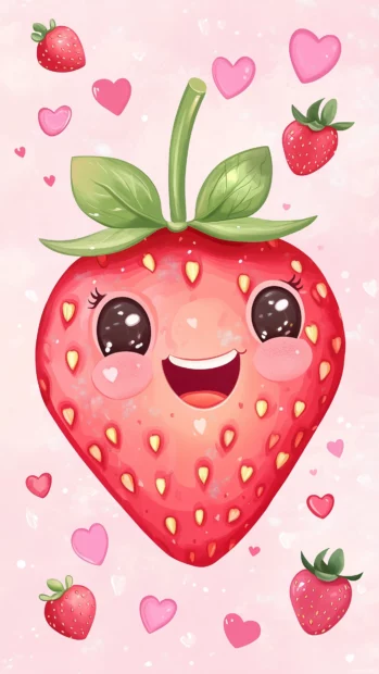 Cute kawaii strawberry with a happy face, blushing cheeks, big eyes, and floating hearts, soft pastel pink background.
