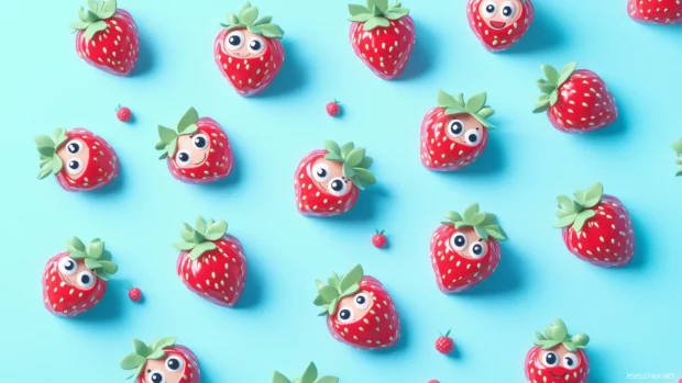 Cute kawaii style strawberries with happy faces and expressive eyes scattered on a baby blue background, playful and fun aesthetic, Simple lines, flat illustration style.