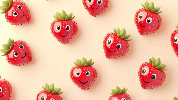 Cute kawaii style strawberries with smiling faces and cartoon eyes arranged in a playful diagonal pattern on a light pastel cream background, Simple lines.