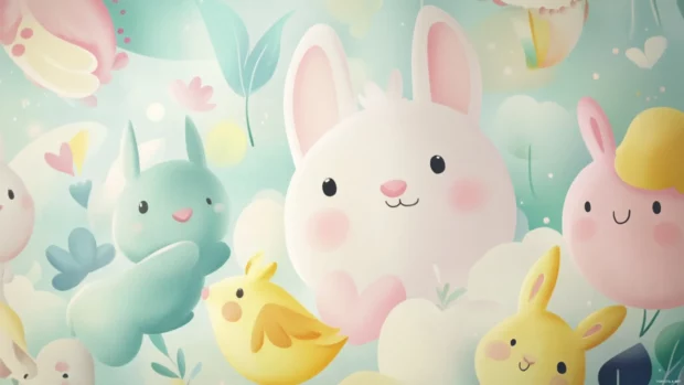 Cute kids wallpaper filled with smiling animals and soft pastel shapes.
