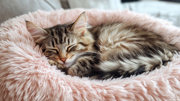 Cute kitten curled up on a fluffy pink pillow.