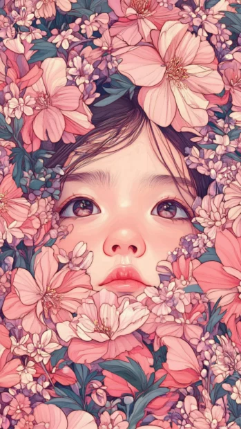 Cute lock screen Wallpapers 4K featuring adorable characters peeking through floral patterns.
