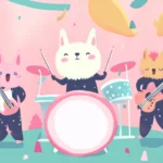 Cute music band with animal characters playing in pastel concert scene.