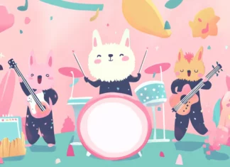 Cute music band with animal characters playing in pastel concert scene.