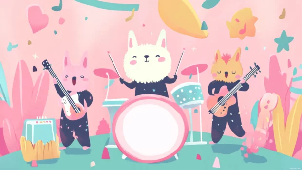 Cute music band with animal characters playing in pastel concert scene.