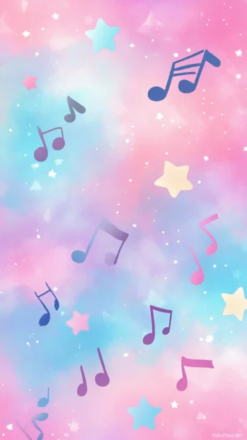 Cute music doodle wallpaper, Floating stars and music notes in magical pastel sky.